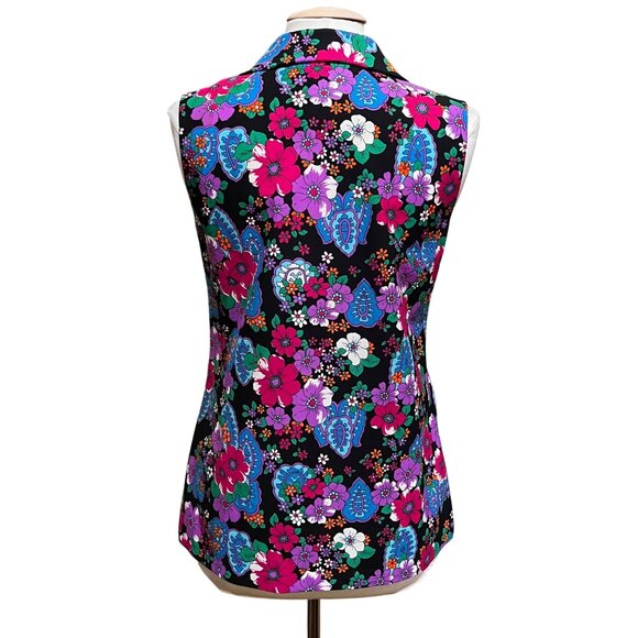 Vtg 70's JCPenney Hawaiian Tropical Groovy Button Up Floral Sleeveless Top Med - Picture 3 of 5